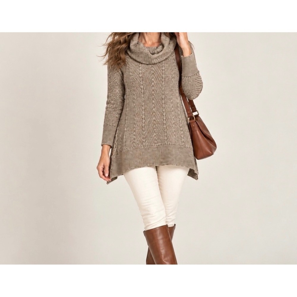 Eight Eight Eight Women Taupe Cotton Cowl Neck Chevron Knit Tunic Sweater M